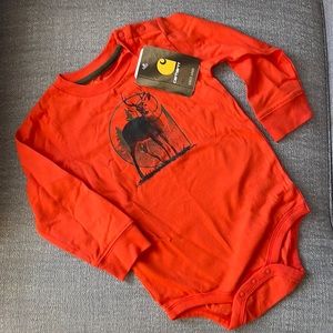 Carhartt Long sleeve onesie. Orangey/Red with deer